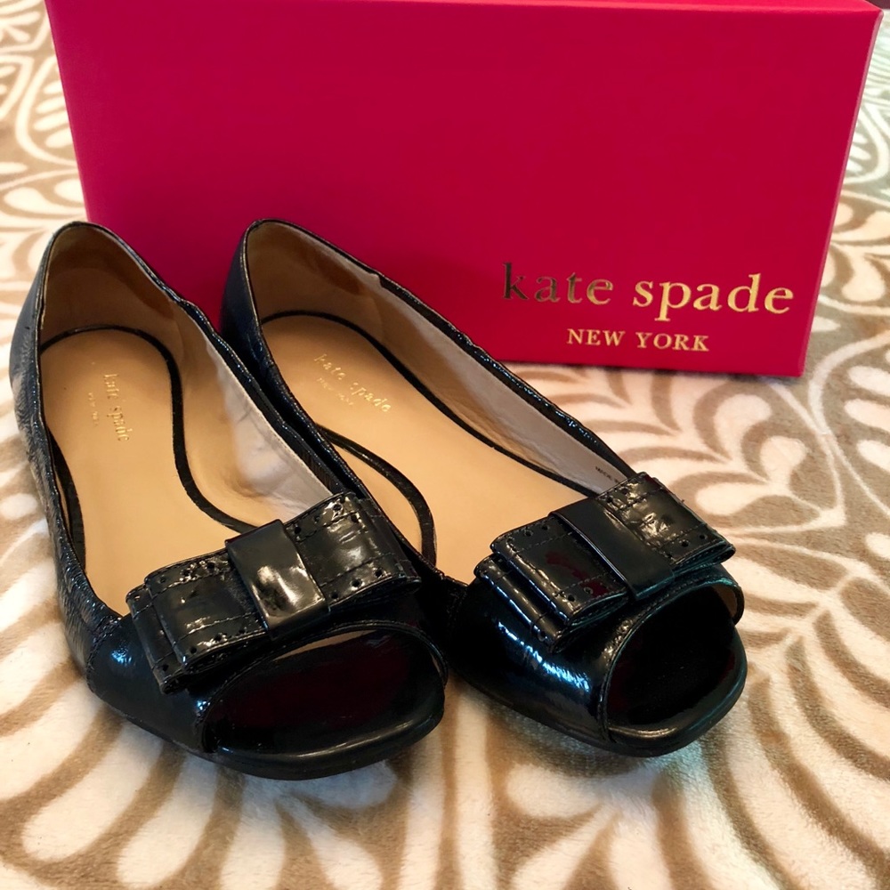 Kate Spade Black Patent Leather Peep-Toe Bow Flats